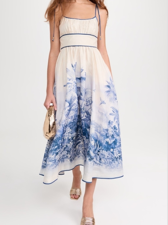 Sundayup Dresses & Skirts - Ivory and Blue Midi Dress with Adjustable Straps